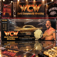 Thumbnail for Front of Racing Champions WCW Goldberg 24K Gold Nitro Streetrod box with gold car, championship belt and Goldberg photo