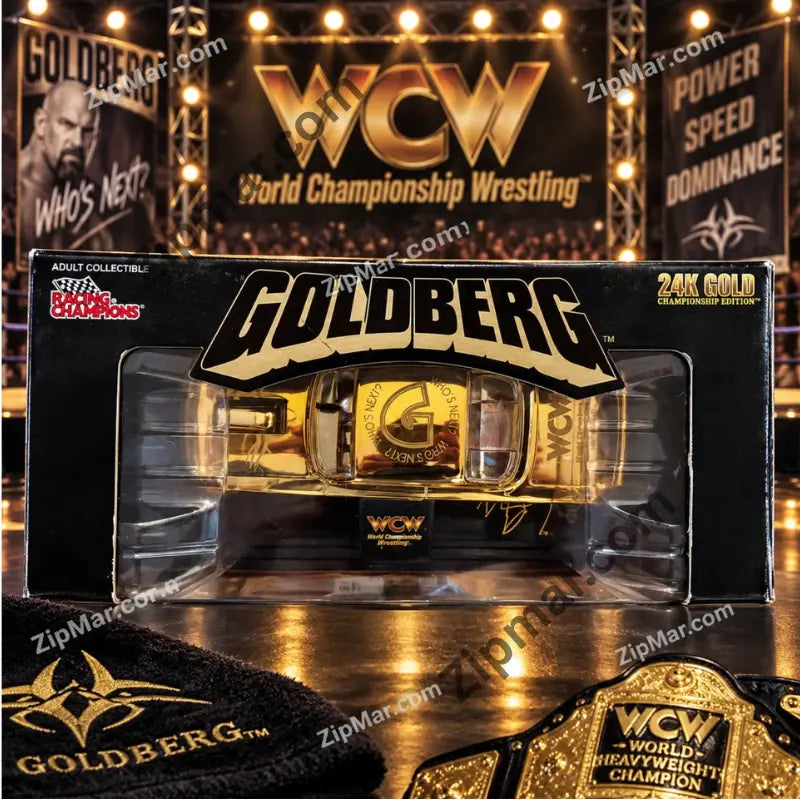 Racing Champions Goldberg 24K Gold Championship Edition box with gold plated car seen through the window in a wrestling arena
