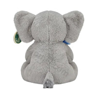 Thumbnail for Gray elephant plush toy back view with a green and gold hang tag on the ear and a tufted tail