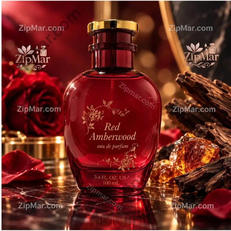 Red Amberwood eau de parfum 3.4 oz 100 ml front label with gold floral engraving”