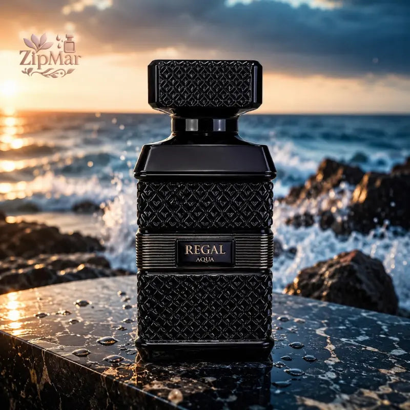 Regal Aqua eau de parfum bottle front view with ocean sunset background