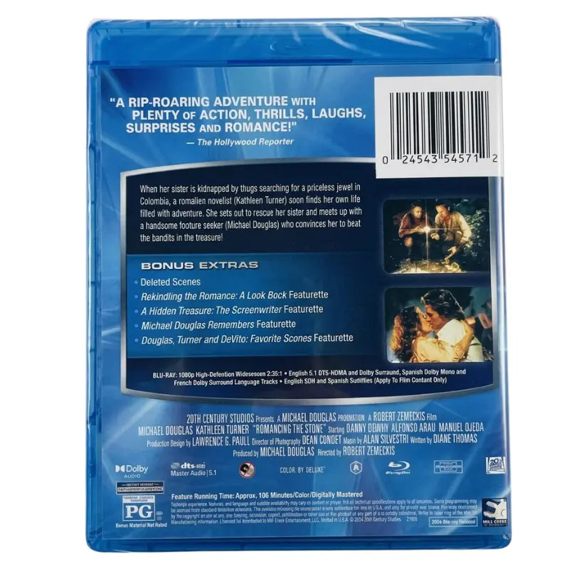 Romancing the Stone Blu-ray back cover with bonus features and barcode