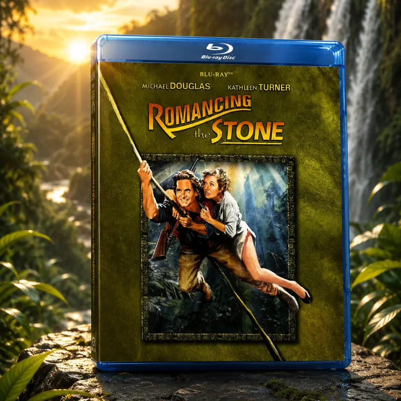 Romancing the Stone Blu-ray case standing with jungle waterfall background