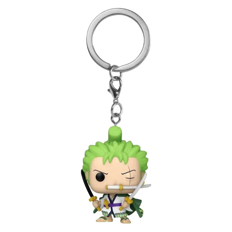 Close-up of the Roronoa Zoro vinyl keychain showing three-sword style detail.