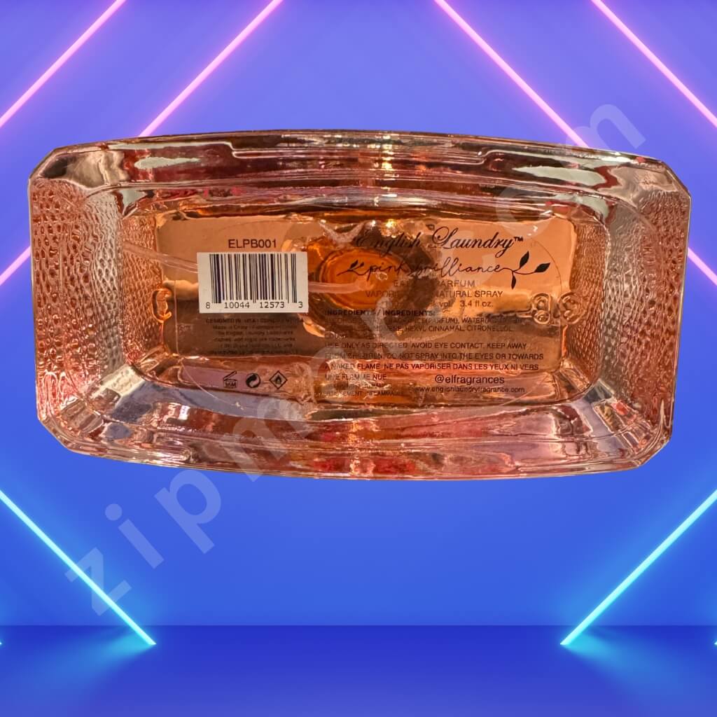 Rectangular glass container with a label on a blue and pink gradient background
