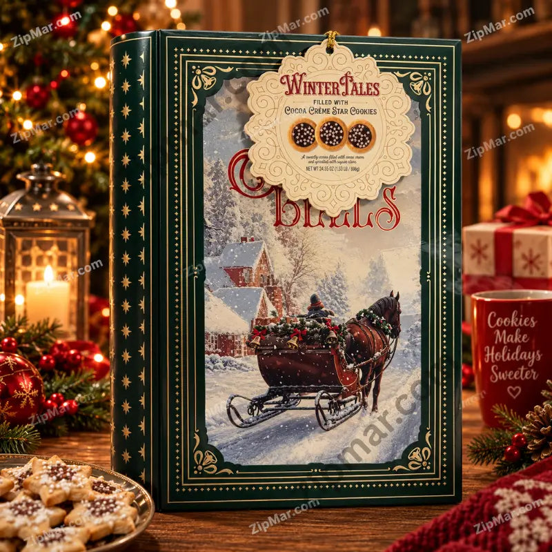 Royal Dutchies Winter Tales Sleigh Bells cookie tin with cocoa creme star cookies hang tag