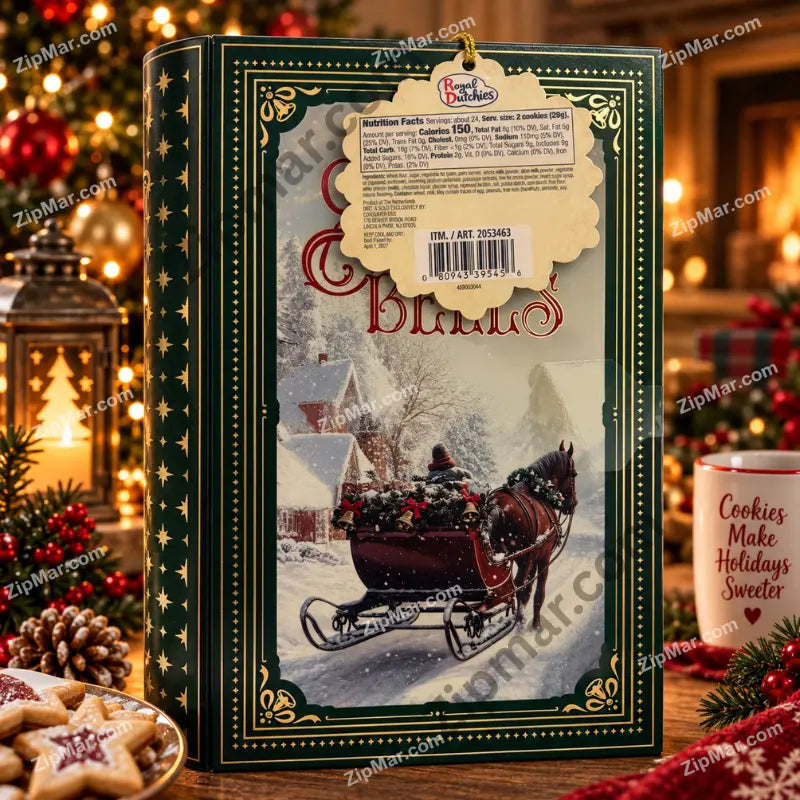 Royal Dutchies Winter Tales Sleigh Bells cookie tin tag with nutrition facts and barcode