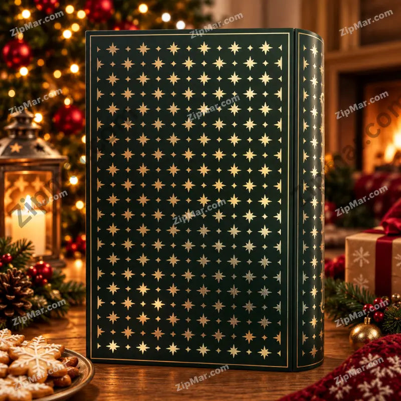 Royal Dutchies Winter Tales Sleigh Bells cookie tin back panel with gold star pattern on green
