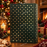 Thumbnail for Royal Dutchies Winter Tales Sleigh Bells cookie tin back panel with gold star pattern on green
