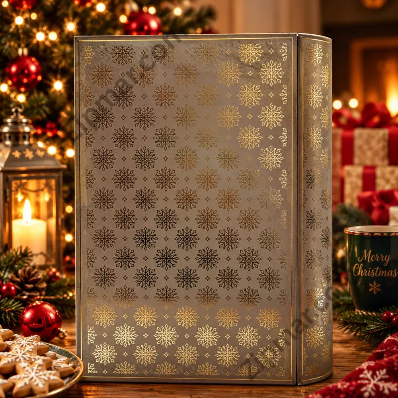 Royal Dutchies Winter Tales Snow Day cookie tin back panel with gold snowflake pattern”
