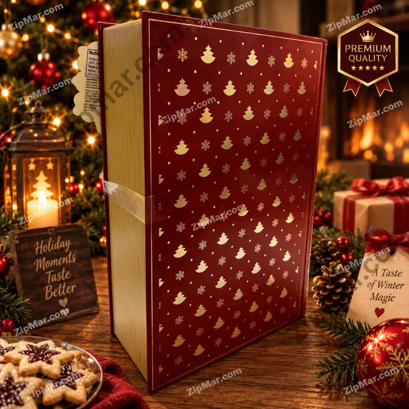 Royal Dutchies Winter Wonder cookie tin angled back view showing burgundy cover and gold page edge