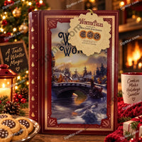 Thumbnail for Royal Dutchies Winter Tales Winter Wonder cookie tin front with snowy bridge village scene and cocoa creme star cookies hang tag