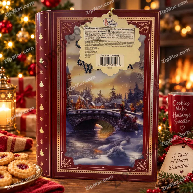 Royal Dutchies Winter Wonder cookie tin hang tag with nutrition facts and barcode