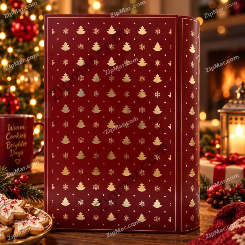 Royal Dutchies Winter Wonder cookie tin back panel with gold Christmas tree and snowflake pattern on burgundy