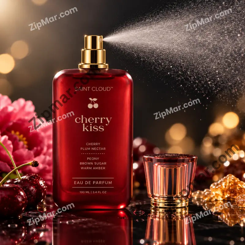 Saint Cloud Cherry Kiss eau de parfum 3.4 fl oz red bottle spraying mist with cap removed