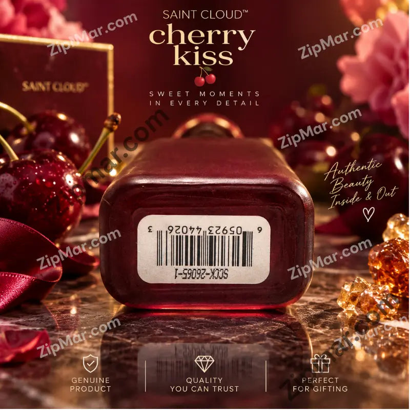 Base of Saint Cloud Cherry Kiss bottle with barcode label and SCCK-26065-1 code