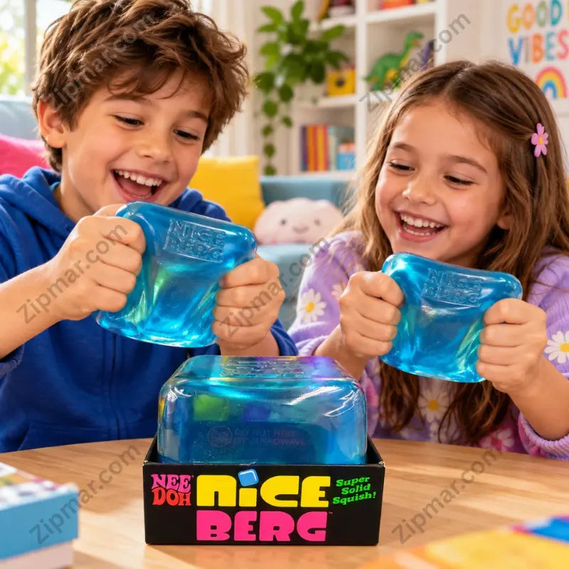 Two children happily squeezing and stretching blue Schylling NeeDoh Nice Berg fidget toys