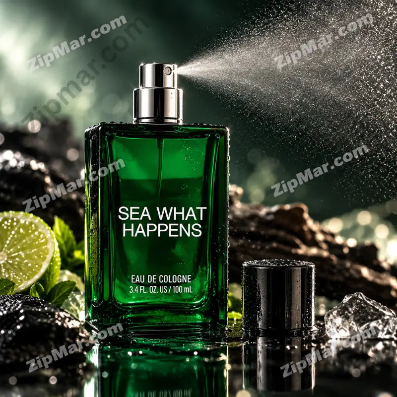 Sea What Happens Eau de Cologne 3.4 fl oz 100ml deep emerald green glass bottle in active mid-spray with silver chrome pump and black cap placed beside fresh halved lime citrus mint leaves black volcanic rocks and ice crystals on dark reflective surface with aquatic mist bokeh background