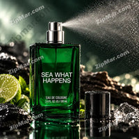 Thumbnail for Sea What Happens Eau de Cologne 3.4 fl oz 100ml deep emerald green glass bottle in active mid-spray with silver chrome pump and black cap placed beside fresh halved lime citrus mint leaves black volcanic rocks and ice crystals on dark reflective surface with aquatic mist bokeh background