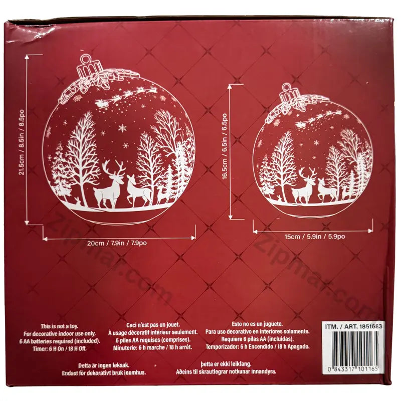 Set of 2 Rotating Glass Ornament Decor box back with size diagrams, 6 AA batteries included, timer and barcode