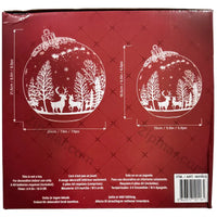 Thumbnail for Set of 2 Rotating Glass Ornament Decor box back with size diagrams, 6 AA batteries included, timer and barcode