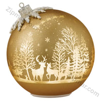 Thumbnail for Large gold glass ornament decor with white reindeer, trees, snowflakes and Santa sleigh scene and silver cap