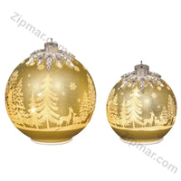 Thumbnail for Pair of lit gold glass ornament decor pieces with white reindeer and tree scene and silver leaf caps