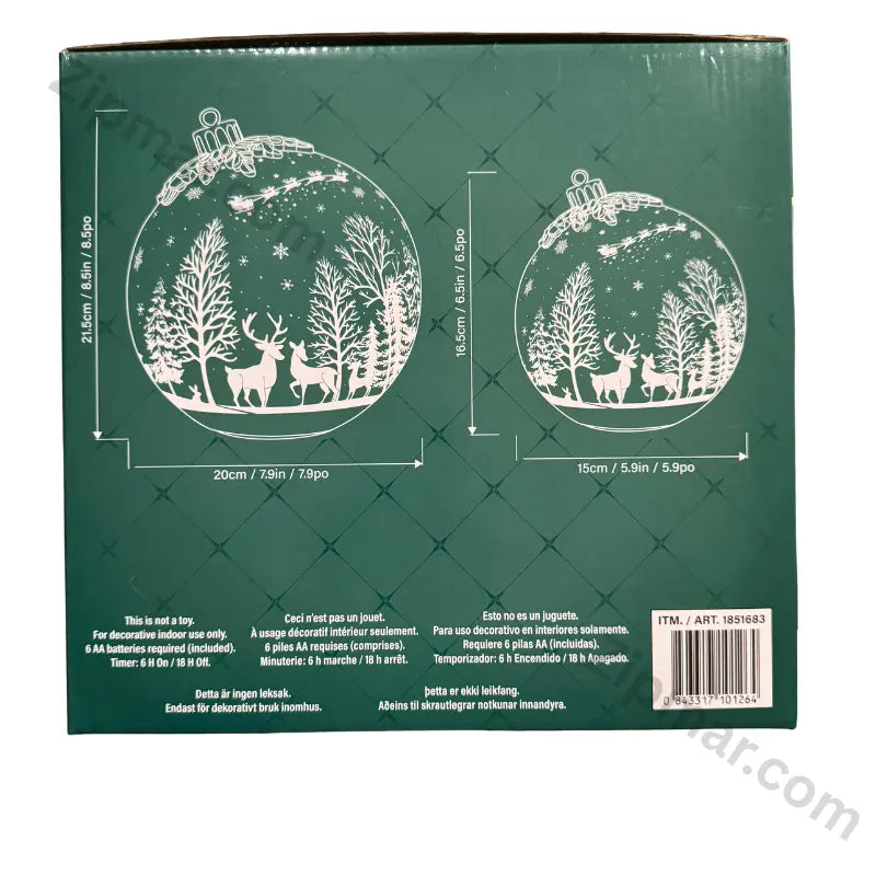 Set of 2 Rotating Glass Ornament Decor box back with size diagrams, 6 AA batteries included, timer and barcode