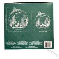 Thumbnail for Set of 2 Rotating Glass Ornament Decor box back with size diagrams, 6 AA batteries included, timer and barcode