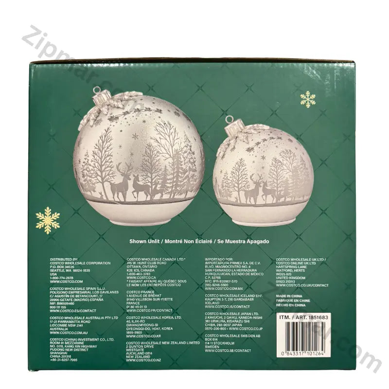 Set of 2 silver glass ornament decor box side showing the ornaments unlit, Costco distributor addresses and Made in China