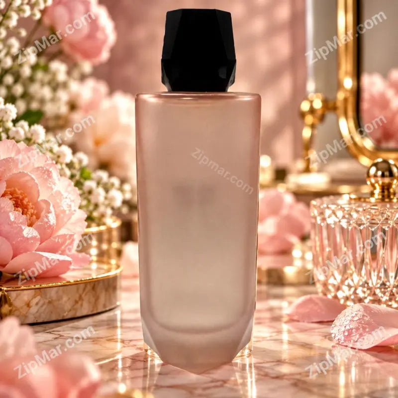 Back of the Sheer Skin Eau de Parfum 100ml frosted pink glass bottle with a faceted black cap