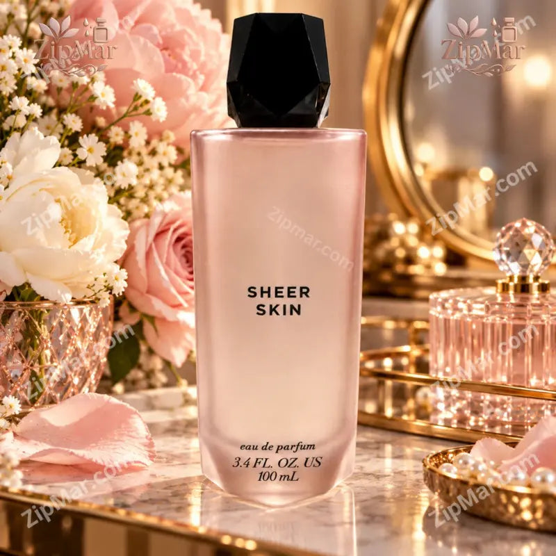 Sheer Skin Eau de Parfum 100ml frosted blush pink glass bottle with a faceted black cap