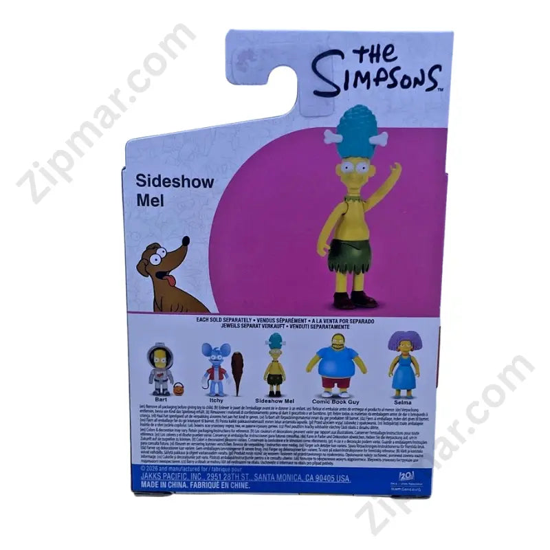 The Simpsons Sideshow Mel mini figure box back showing Jakks Pacific branding, series lineup with Bart Itchy Comic Book Guy and Selma, and Made in China marking