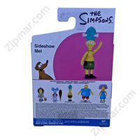 Thumbnail for The Simpsons Sideshow Mel mini figure box back showing Jakks Pacific branding, series lineup with Bart Itchy Comic Book Guy and Selma, and Made in China marking