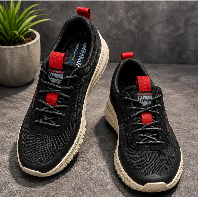 Skechers Classic Fit Air-Cooled Memory Foam men's black and red sneakers on grey backdrop