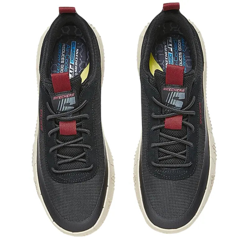 Top-down overhead view of Skechers Classic Fit black and red men's sneakers