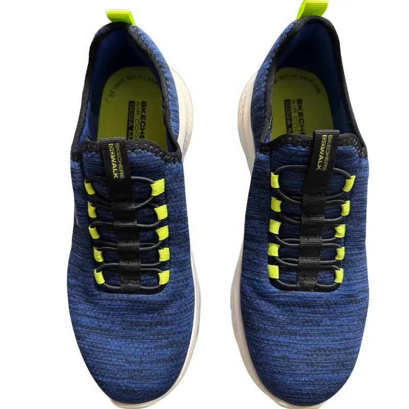 Front view of Skechers GO WALK blue knit shoes with lime bungee lace accents
