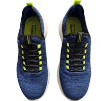 Thumbnail for Front view of Skechers GO WALK blue knit shoes with lime bungee lace accents