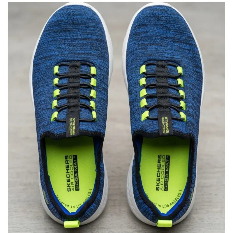Overhead top-down view of pair of Skechers GO WALK blue mesh slip-on shoes