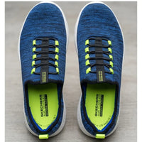 Thumbnail for Overhead top-down view of pair of Skechers GO WALK blue mesh slip-on shoes