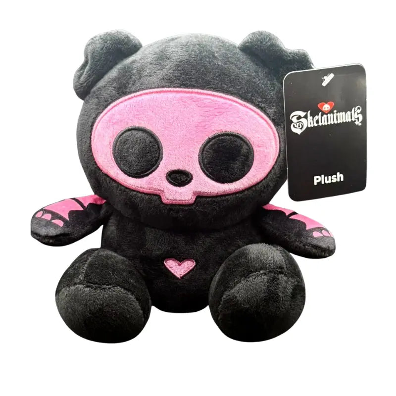 Skelanimals Pink Diego the Bat 8 inch plush front view showing embroidered skull face and heart