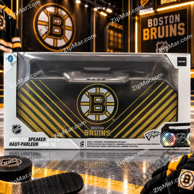 SOAR NHL Boston Bruins Shock Box wireless Bluetooth speaker in retail box with black and gold grille