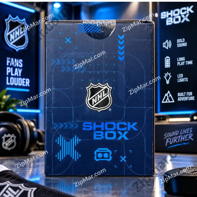 End panel of SOAR NHL Shock Box speaker box with NHL shield logo