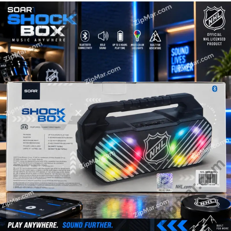 Back of SOAR Shock Box box showing Bluetooth, LED lights, FM radio, 10 watt speakers, model number and barcode