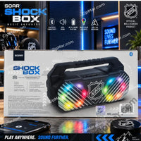 Thumbnail for Back of SOAR Shock Box box showing Bluetooth, LED lights, FM radio, 10 watt speakers, model number and barcode