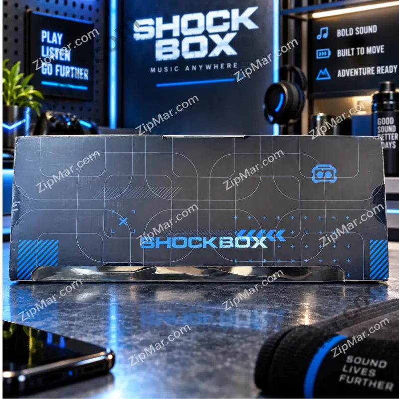 Side panel of SOAR Shock Box speaker box with blue graphic design