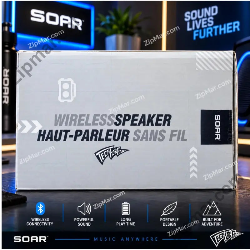 Top of SOAR Shock Box wireless speaker retail box with Tech for Fans logo