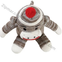 Thumbnail for Sock monkey plush toy seen from above with a red pom pom hat, white face, red smile and white hands and feet