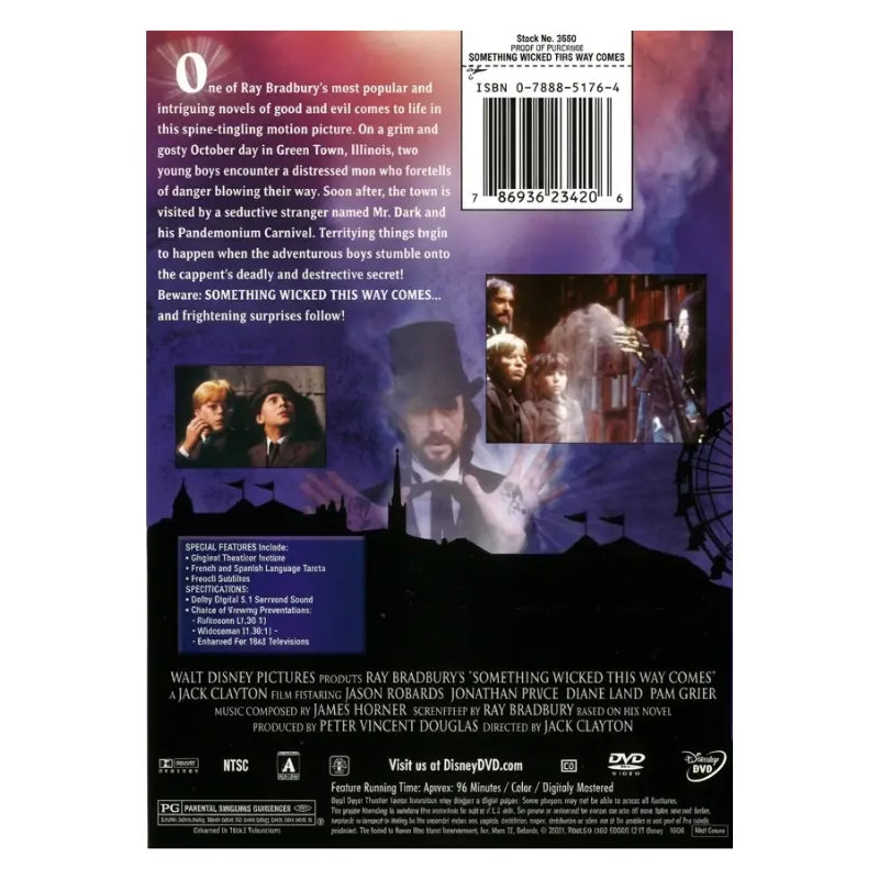Something Wicked This Way Comes 1983 DVD back cover showing cast credits special features audio specs Disney DVD