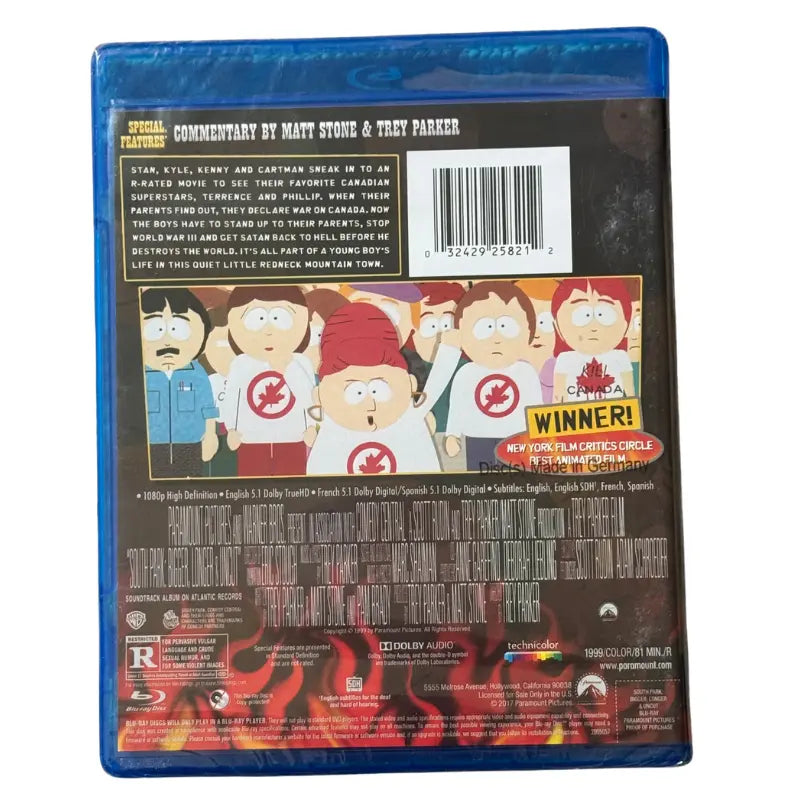 Back cover of South Park Bigger Longer and Uncut Blu-ray showing synopsis and UPC barcode